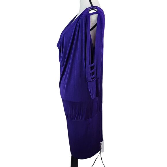 VTG 80s Purple Cowl Neck Dress Womens Sz S M Batwing Slit Sleeve Midi Drop Waist - Picture 4 of 7